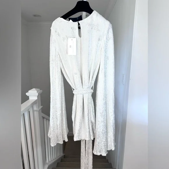 NWT Caroline Constas White Sequin Anya Party Dress Bell Sleeve S/M $895  Retail - threedaughtersproperties.com